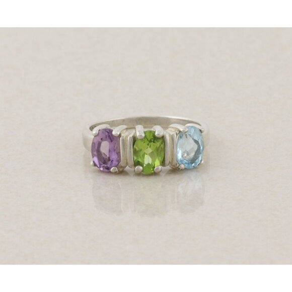 Sterling Silver Natural Amethyst, Peridot, Blue Topaz Ring Band Size 8 - Picture 1 of 8